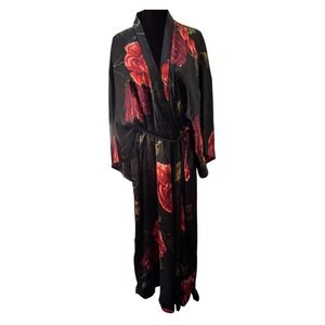 City Spirit Collection Black Red Rose Floral Satin Robe Kimono XL Tassel Belt